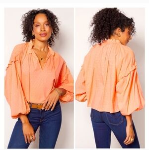 NWT CLEOBELLA Phoenix Coral Blouse Organic Cotton Dobby Split Neck Ruffle Boho